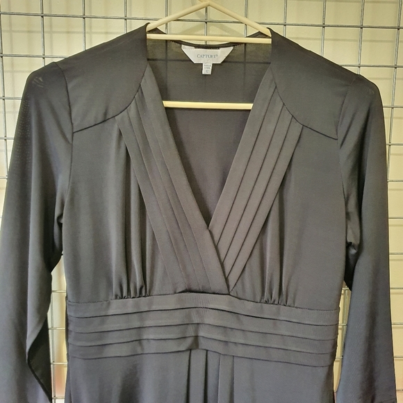 CAPTURE AU12 Dress Black Midi Fit & Flare Empire Waist V-Neck 3/4 Sleeve - NWOT - Picture 13 of 14